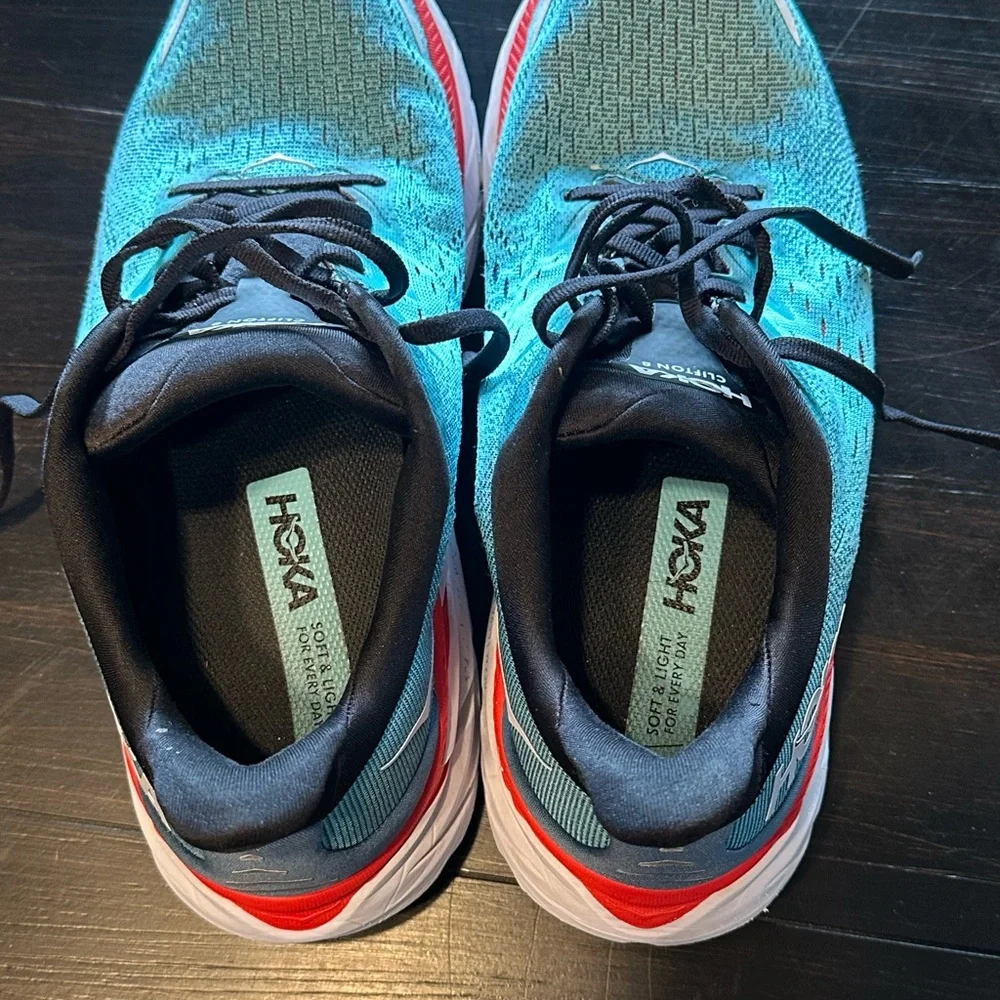 Hoka One One Clifton 8.5D Blue/Navy/Red Running Shoes - Picture 6 of 7